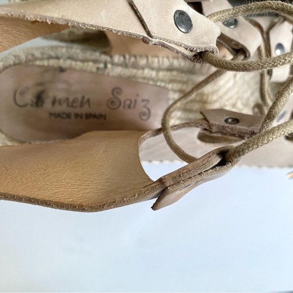 Anthropologie Carmen Saiz Leather Espadrille Wedge Sandals Strappy Gladiator Tan - Picture 6 of 9